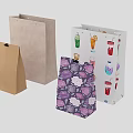 Various Colored Paper Bags With Different Designs And Beverage Illustrations