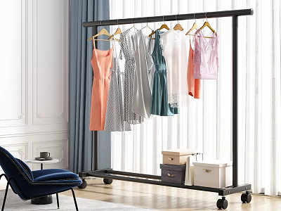 Indoor Rolling Clothing Rack With Dresses Storage Boxes And Chair 3d model