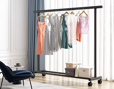 Indoor Rolling Clothing Rack With Dresses Storage Boxes And Chair 3d model