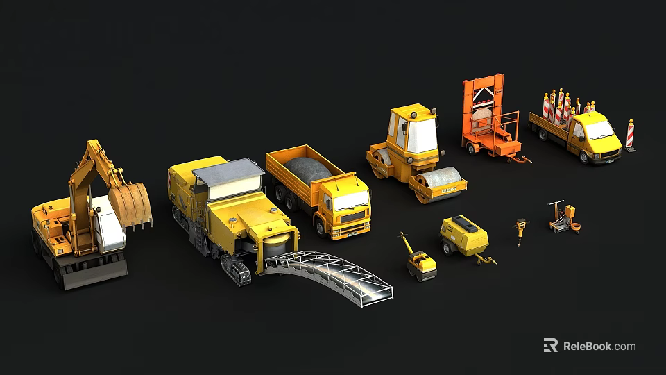 Different Types of Yellow Industrial Equipment for Construction Including Trucks Excavators Rollers 3d model 