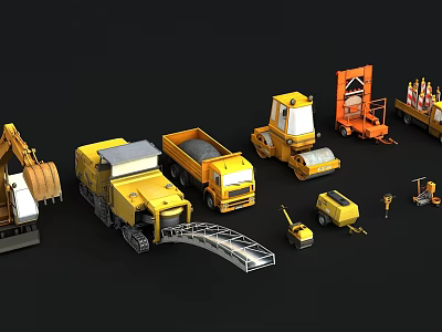 Different Types of Yellow Industrial Equipment for Construction Including Trucks Excavators Rollers 3d model
