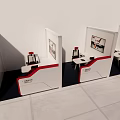 Modern Functional Desk In Display Area With White Surface Black Red Chair And Product Poster