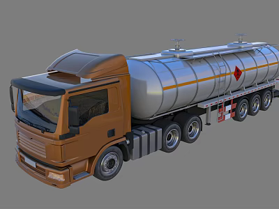 Functional Tanker Truck With Brown Cab Silver Tank Multiple Wheels And Hazard Symbol 3d model