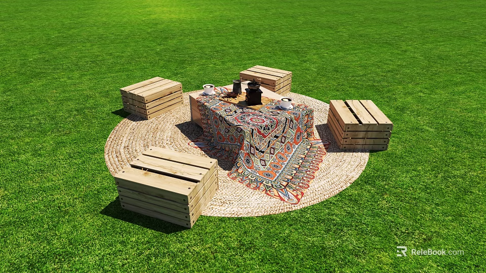 Wooden Crate Outdoor Chairs Around Fire Pit On Grassy Lawn With Tablecloth And Rug 3d model 