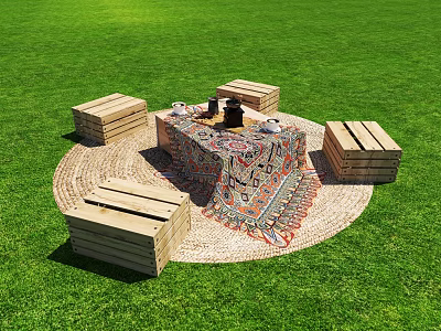 Wooden Crate Outdoor Chairs Around Fire Pit On Grassy Lawn With Tablecloth And Rug 3d model