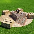Wooden Crate Outdoor Chairs Around Fire Pit On Grassy Lawn With Tablecloth And Rug