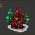 Cartoon Winter Cottage Scene With Red Blue Roof Snow Green Pine Trees And Weather Vane