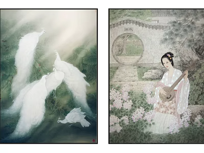 Traditional Chinese Painting Art With White Peacocks And Lady Playing Pipa In Garden 3d model