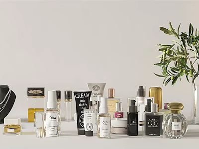 Luxury Assorted Perfume And Cosmetics Collection With Skincare Cream And Green Plant 3d model