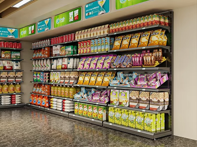 Retail Display Shelves Stocked With Various Snacks Drinks And Packaged Goods In Modern Store 3d model
