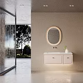 Modern Bathroom Vanity Cabinet With Round Mirror Light Colored Walls And Shower Enclosure