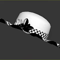 White Woven Hat With Black And White Checkered Band Floral Accent And Ruffled Brim