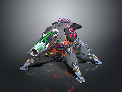 Futuristic Mechanical Weapon With Multiple Legs And Glowing Green Pink Accents 3d model