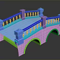 Colorful 3D Model Bridge With Pink Body Blue Railings Green Base And Golden Decorative Posts