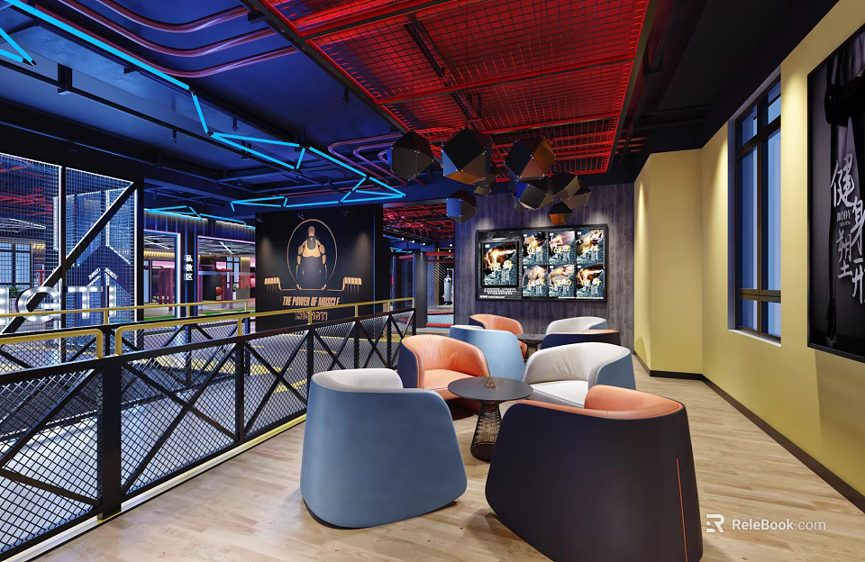 Fitness Center Lounge With Modern Industrial Design Blue Red Pipes Grid Ceiling And Comfortable Sofas 3d model 