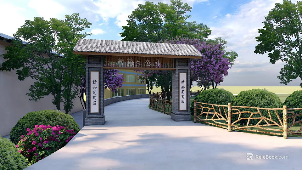 Rural Landscape with Chinese Style Archway Traditional Roof Green Trees Purple Flowers and Pathway 3d model 