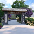 Rural Landscape with Chinese Style Archway Traditional Roof Green Trees Purple Flowers and Pathway