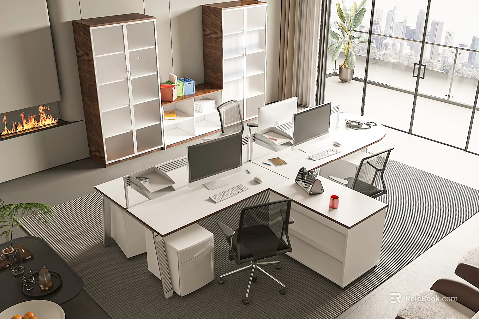 Modern Office Desk With Computer Monitors Ergonomic Chairs Side Bookshelves Window And City View 3d model 