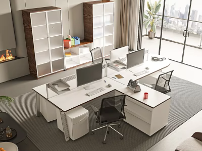 Modern Office Desk With Computer Monitors Ergonomic Chairs Side Bookshelves Window And City View 3d model