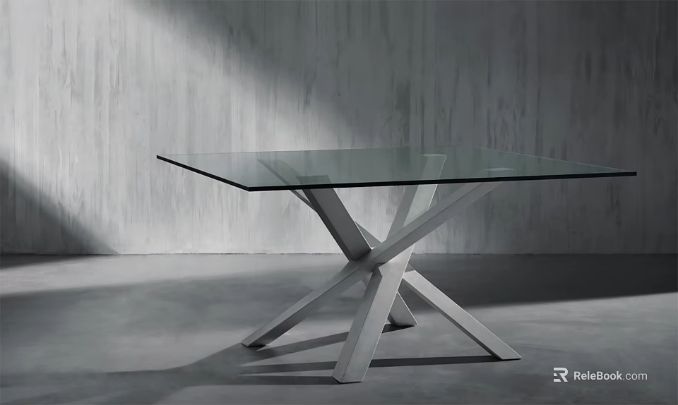 Modern Glass Top Dining Table With Crossed Metal Legs Against Gray Wall And Floor 3d model 