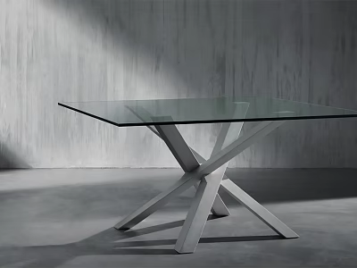 Modern Glass Top Dining Table With Crossed Metal Legs Against Gray Wall And Floor 3d model