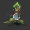 Cartoon Monkey Game Movie Character in Red Overalls Sitting with Banjo on Green Leaves