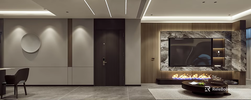 Modern Living Dining Room Interior With Wooden Wall TV Fireplace And Gray Tile Floor 3d model 