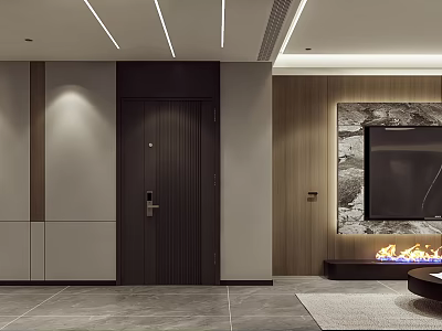 Modern Living Dining Room Interior With Wooden Wall TV Fireplace And Gray Tile Floor 3d model