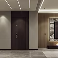 Modern Living Dining Room Interior With Wooden Wall TV Fireplace And Gray Tile Floor