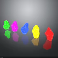 Colorful Polyhedral Gemstones in Green Pink Blue Yellow Red on Black Background with Reflections