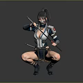 Female Ninja Warrior In Combat Outfit Holding Swords In Crouched Pose