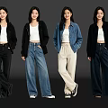 Four Women Posing In Stylish Outfits With White Tops And Different Bottoms On Dark Background