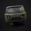 Vintage Military Green Van With Worn Out Exterior And Wooden Blocks Under Tires