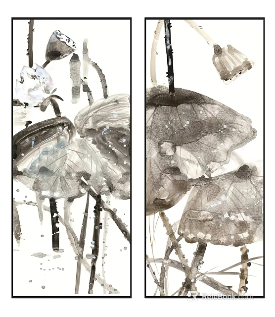 Black And White Ink Painting Artwork With Lotus Flowers And Pods 3d model 