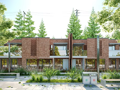 Modern Detached Villa with Red Brick Exterior Glass Balconies Surrounded by Trees and Green Plants 3d model
