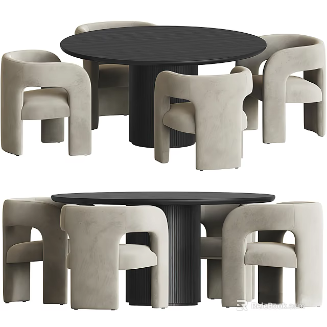 Stylish Modern Black Round Dining Table Set With Beige Comfortable Chairs 3d model