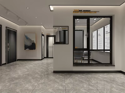 Modern Interior Design Of Spacious Corridor With Marble Floor Glass Partition And Decorative Painting 3d model