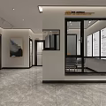 Modern Interior Design Of Spacious Corridor With Marble Floor Glass Partition And Decorative Painting