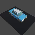 Blue Compact Pickup Truck 3D Model With Headlights Silver Roof And Black Wheels
