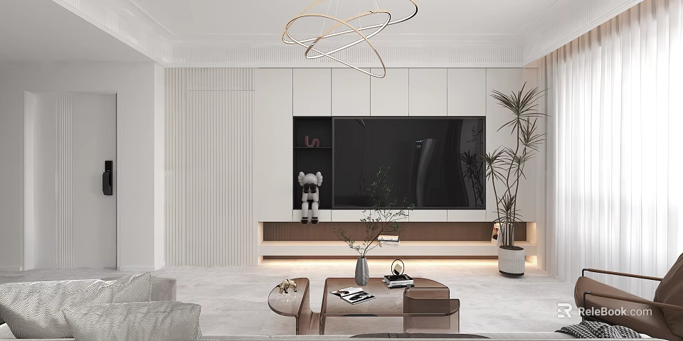 Modern Open Living Dining Room Interior Design With White TV Wall Chandelier And Green Plant 3d model 