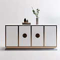 Modern TV Stand With Gold Frame Black Top White Drawers Red Flowers And Decorations