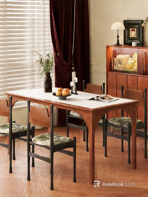 Cozy Restaurant Dining Area With Wooden Table Upholstered Chairs And Fruit Bowl 3d model 