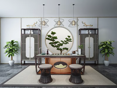 New Chinese Tea Table and Chair Tea Table Stool Decorative Cabinet Decoration Combination 3d model