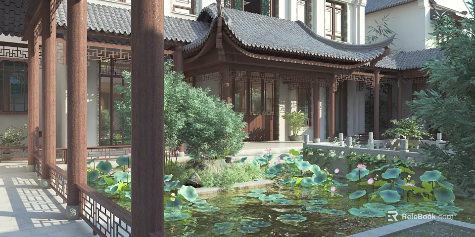 Chinese Courtyard Garden Design With Lotus Pond Green Plants And Traditional Architecture 3d model 
