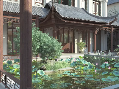 Chinese Courtyard Garden Design With Lotus Pond Green Plants And Traditional Architecture 3d model