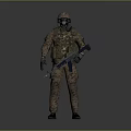 Military Game Movie Character In Camouflage Uniform With Helmet Gas Mask And Rifle