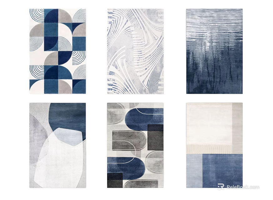 Square Rugs Featuring Diverse Geometric Patterns And Blue Gray White Tones 3d model