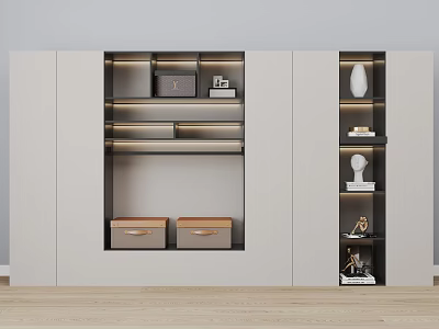 Modern Wardrobe Interior Design With Open Shelves LED Lighting And Storage Boxes 3d model