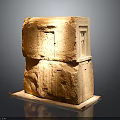 Stone Structure With Carved Door Window Stacked Layers And Wooden Base Platform