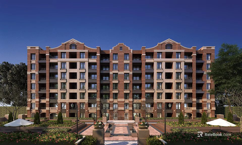 Multi Story Brick Residential Building With Front Courtyard Lush Greenery And Decorative Windows 3d model 